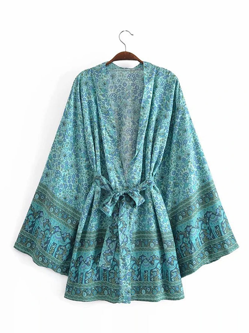 Green Floral Elephant Border Print Belted Bell Sleeve Short Kimono