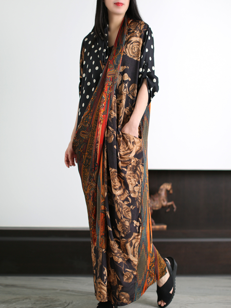 Multi Color Polka Dot Baroque Floral Patchwork Batwing Kaftan Maxi Dress