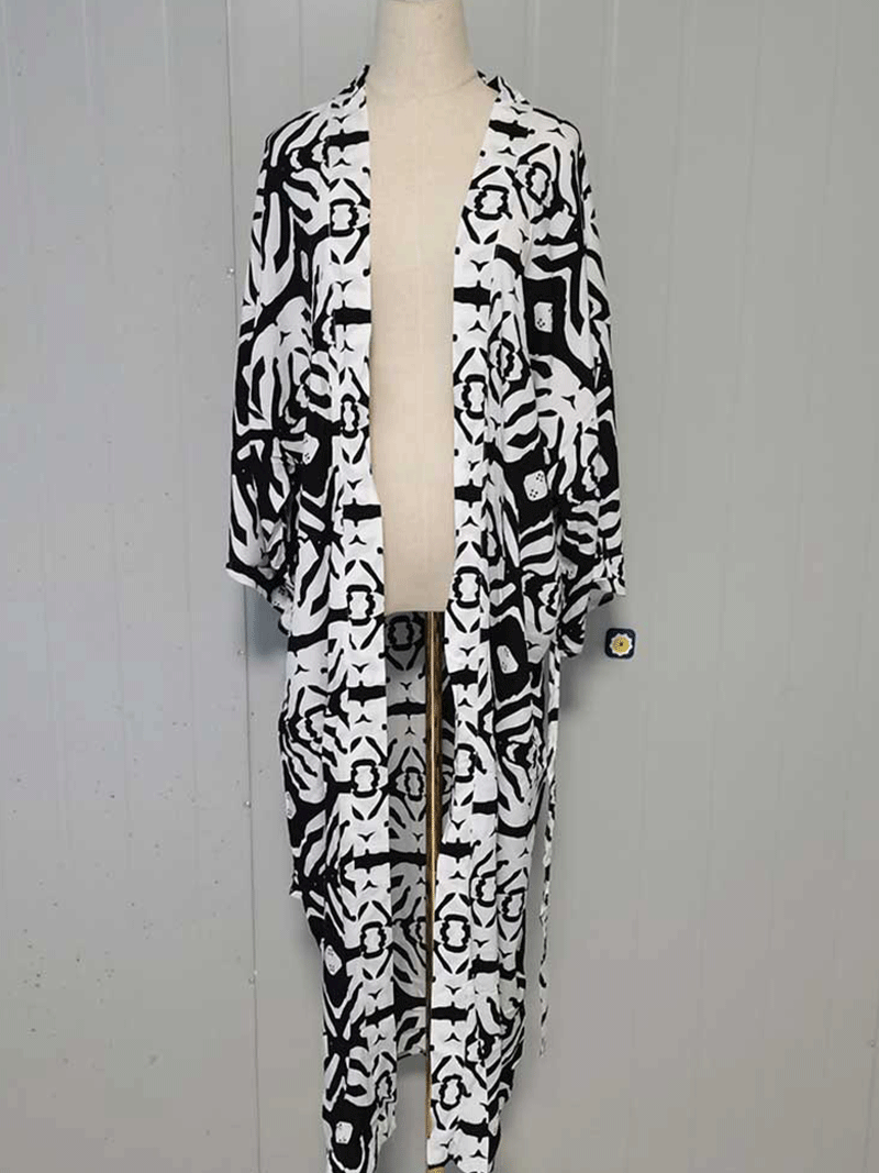 Black+white Abstract Geometric Print Open Front Long Kimono Robe