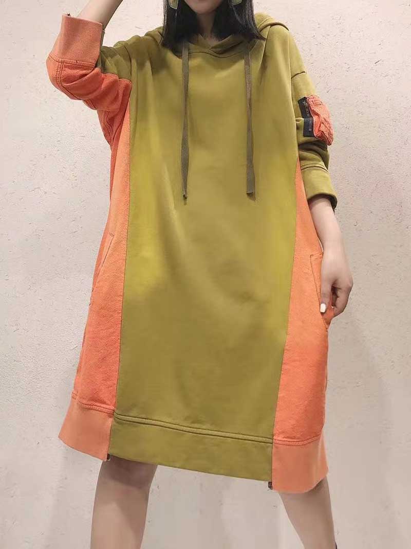 Green Orange Hooded Long Sleeve Color Block Loose Sweatshirt Midi Dress 4