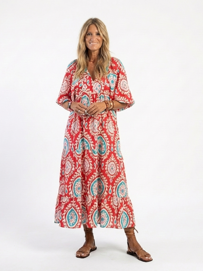 Red Split Neck Ikat Medallion Puff Sleeve Tiered Maxi Dress