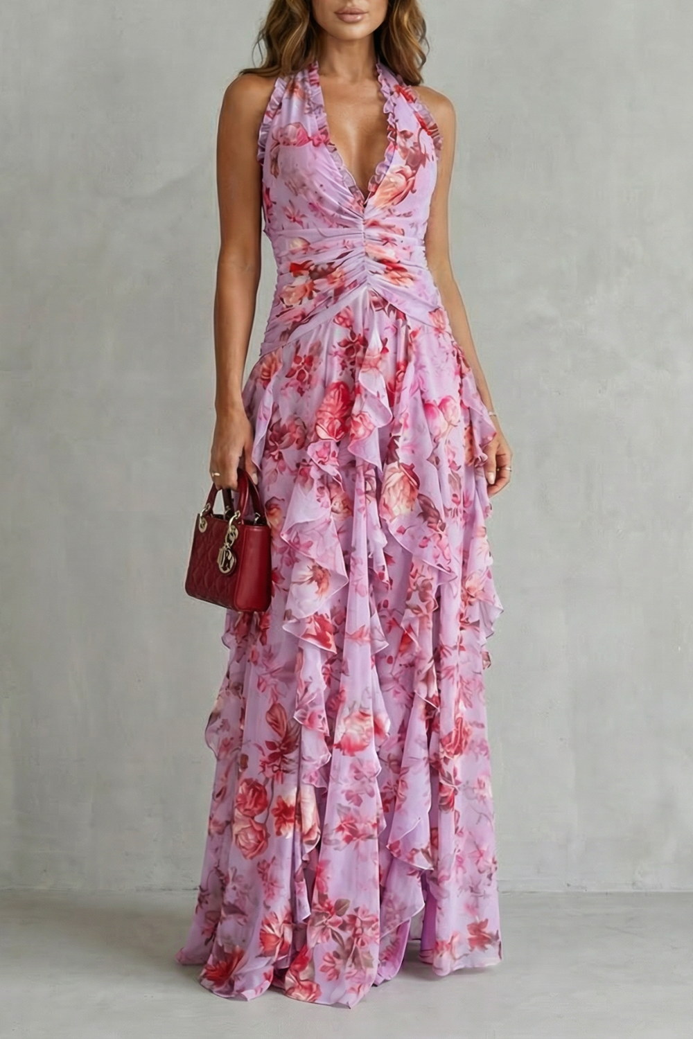 Halter V-Neck Floral Ruched Cascading Ruffle Maxi Gown 2