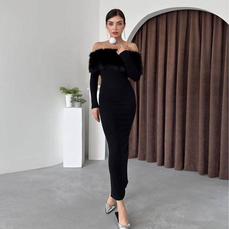 Onyx Fur Midi Dress Black