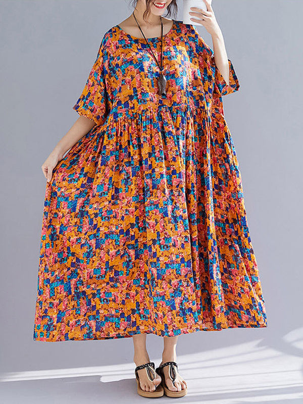 Multi Color Round Neck Abstract Floral Print Pleated Short Sleeve A-Line Maxi Dress