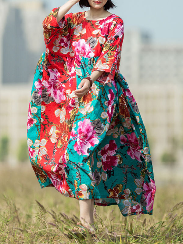 Round Neck Floral Print Half Sleeve Loose Maxi Dress 2