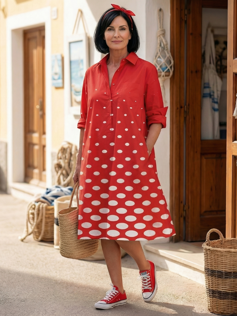 Red Collared Polka Dot Long Sleeve A-Line Shirt Midi Dress