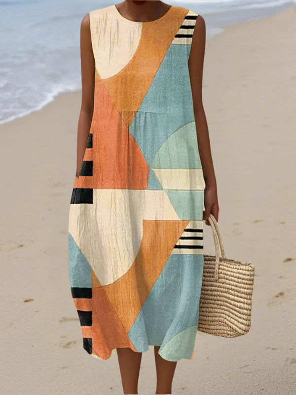 Round Neck Sleeveless Geometric Colorblock Print Cocoon Midi Dress
