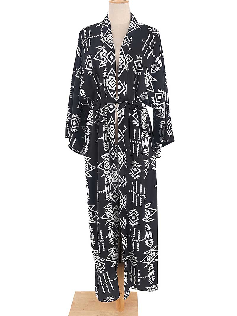 Open Front Abstract Print Belted Long Kimono Robe 2