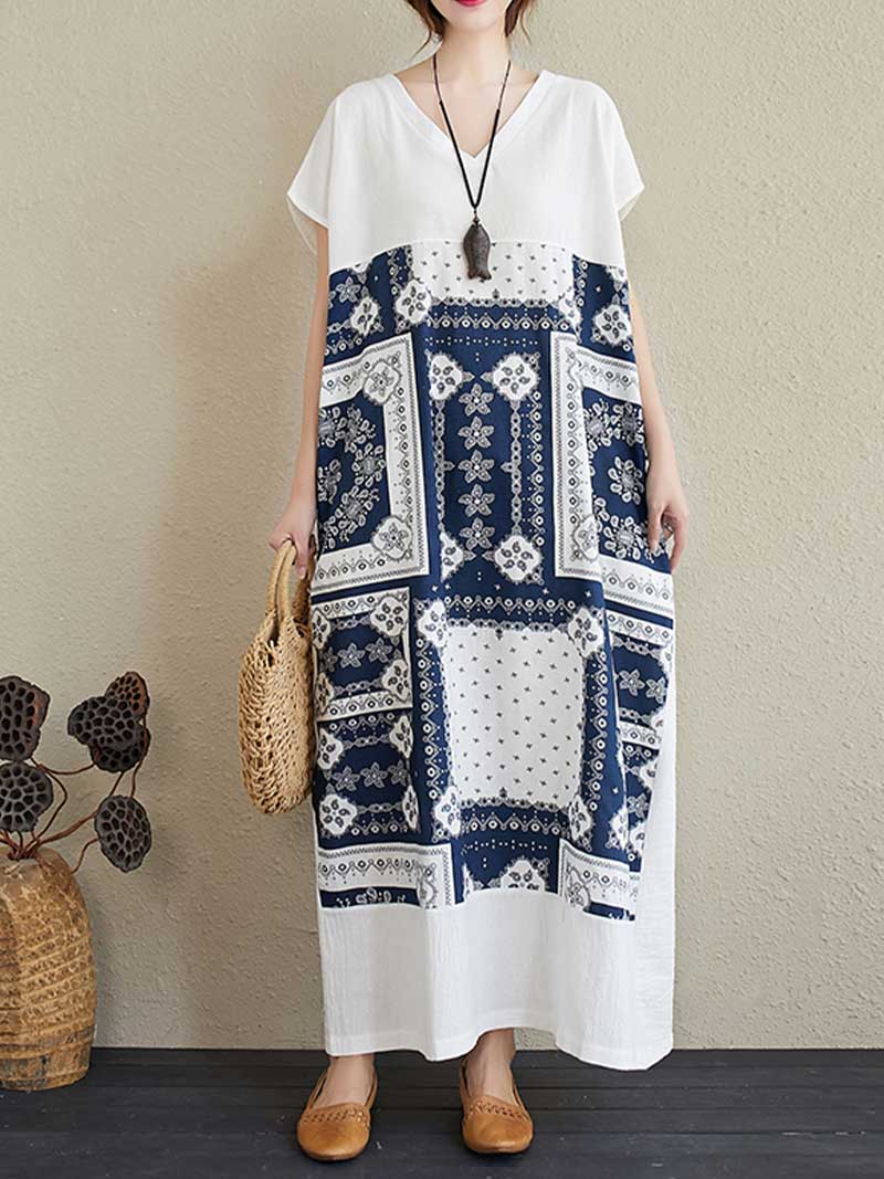 White V-Neck Patchwork Paisley Print Short Sleeve Loose Cotton Maxi Dress