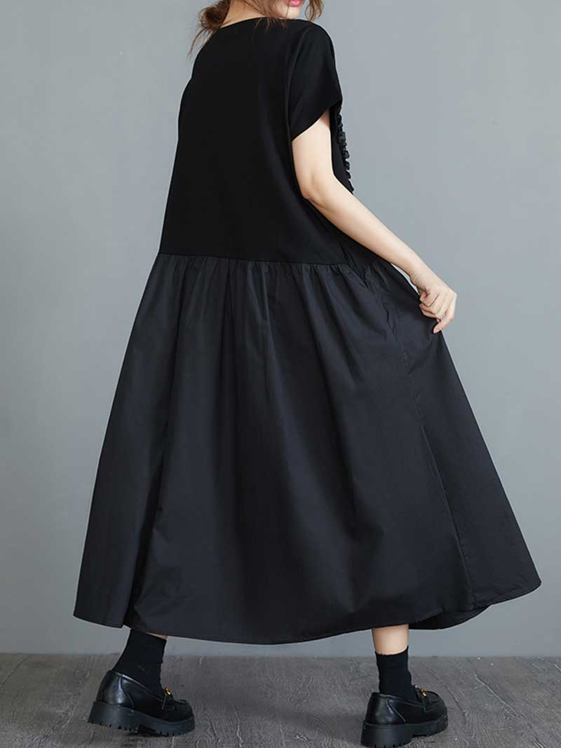 Black Round Neck Floral Applique Frill Trim Short Sleeve Swing Midi Dress 2
