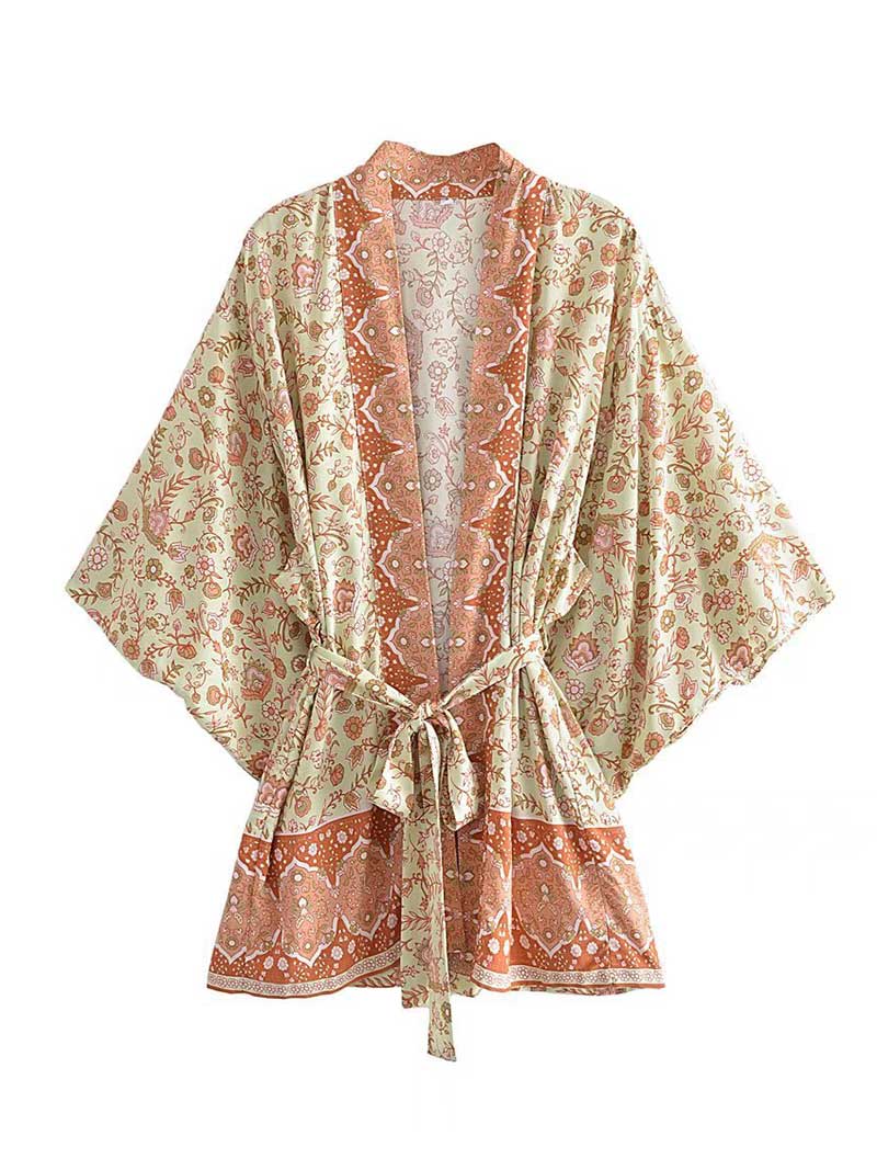 Floral Print Border Trim Tie Waist Kimono Robe