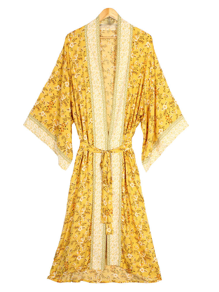 Yellow Ditsy Floral Print Open Front Long Kimono Robe 5