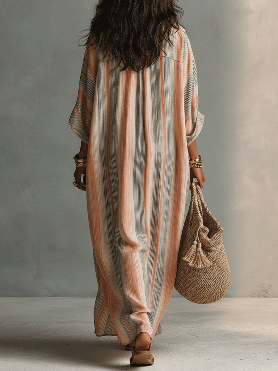 Pink Collar Striped Drawstring Waist Kaftan Maxi Dress 3