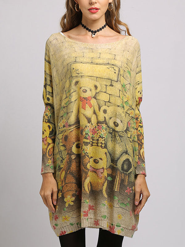 Boat Neck Long Sleeve Teddy Bear Print Knit Sweater