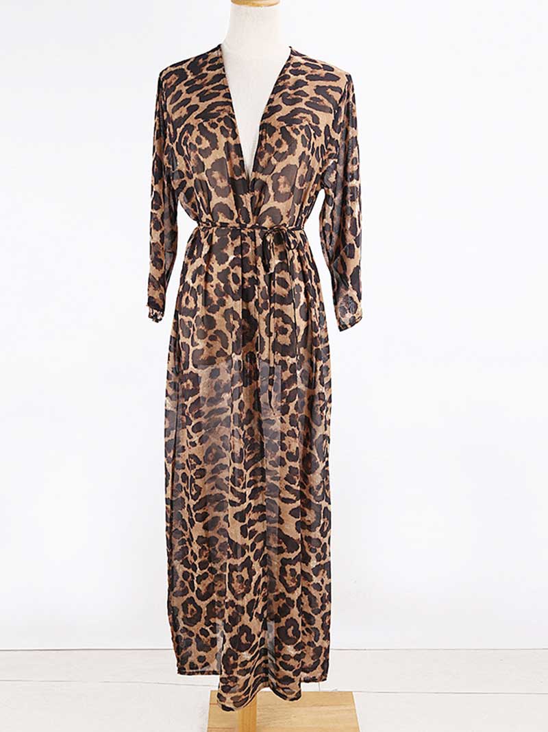 Leopard Print Leopard Print Belted Long Length Chiffon Kimono Robe