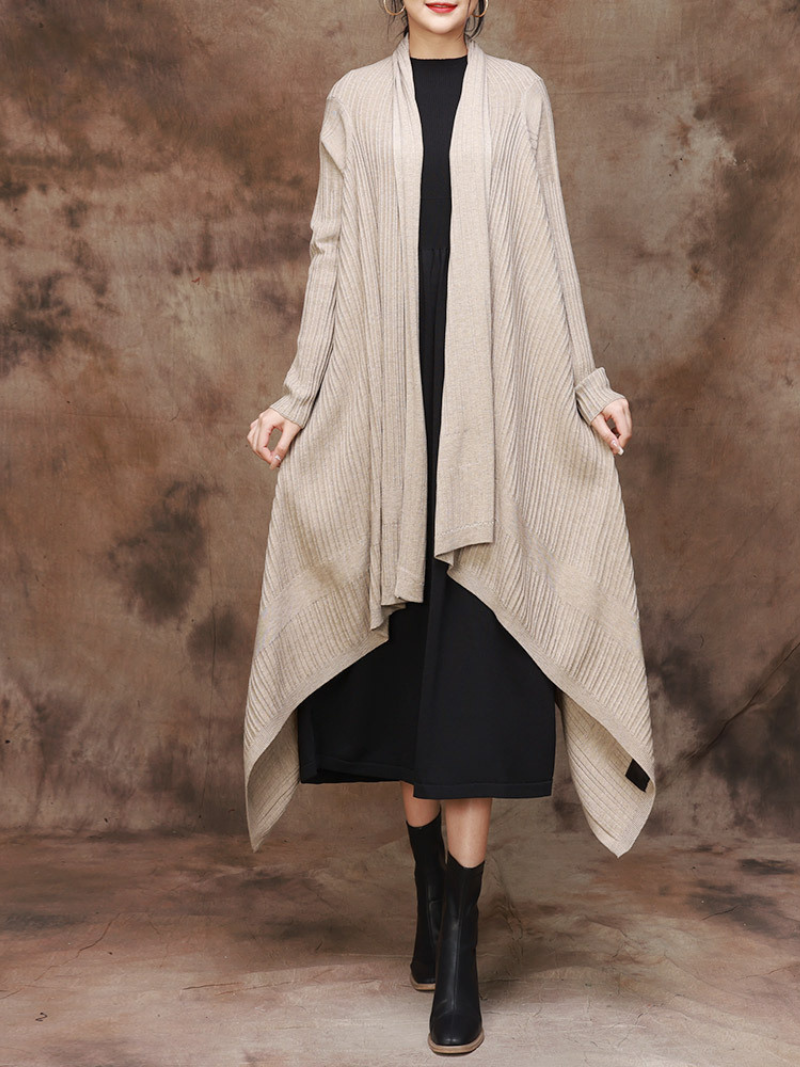 Open Front Long Sleeve Ribbed Knit Draped Long Cardigan