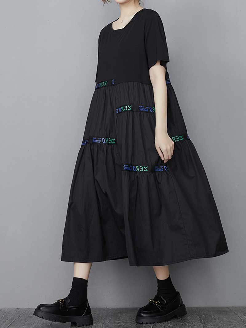 Black Round Neck Letter Tape Tiered Short Sleeve Loose Smock Midi Dress 4