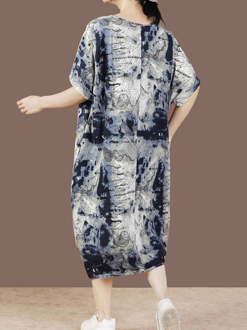 Grey V-Neck Ink Print Satin Short Sleeve Loose Cocoon Midi Dress 2