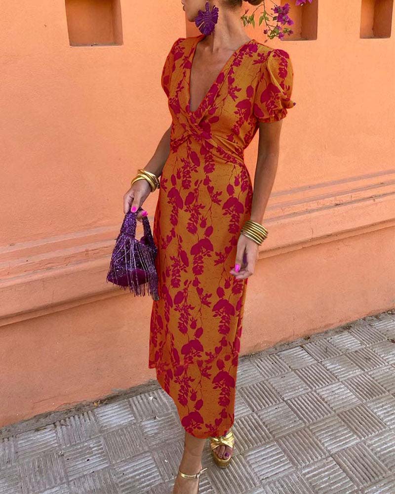 Deep V-Neck Twist Front Floral Print Puff Sleeve Bodycon Midi Dress
