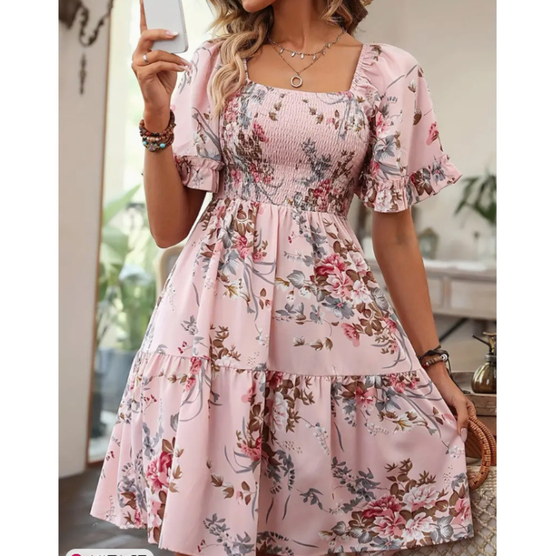 Square Neck Floral Shirred Bodice Flounce Sleeve Tiered Mini Dress