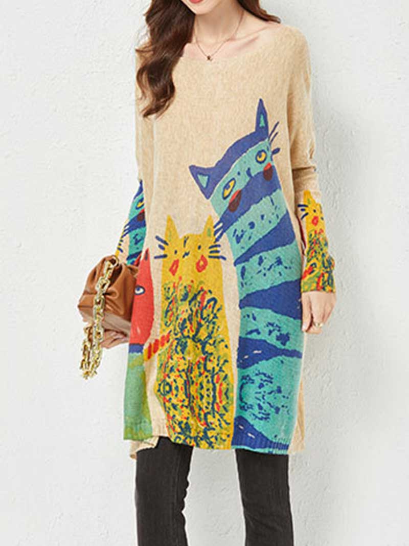 Khaki Scoop Neck Cat Print Long Sleeve Knit Tunic Sweater