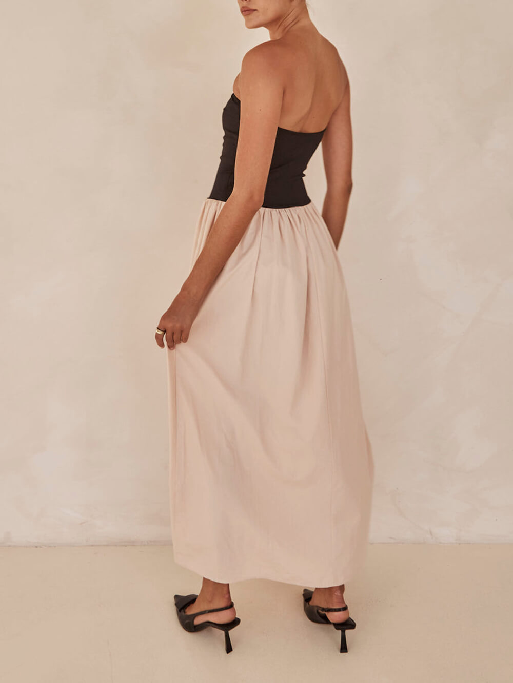 Strapless Black And Charming Sand Paneled Maxi Dress