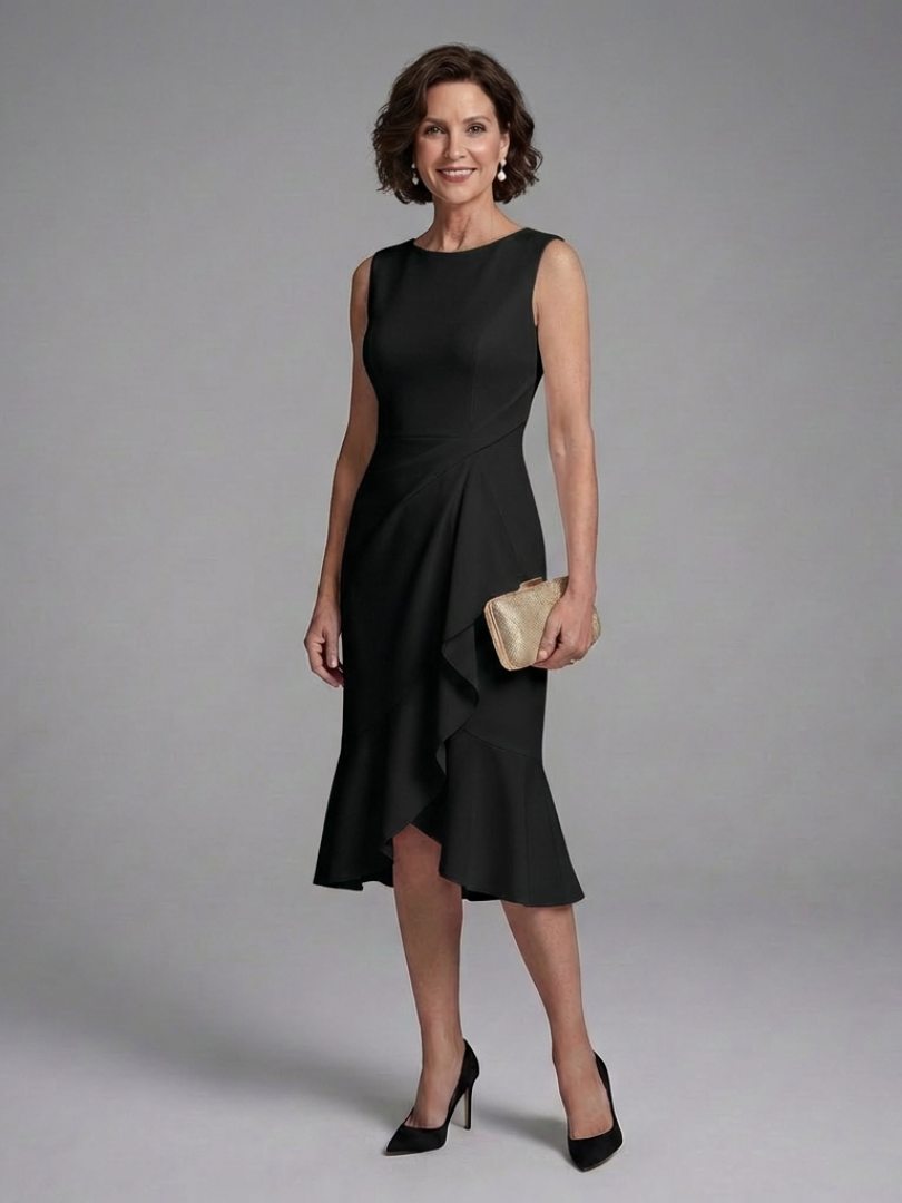 Boat Neck Ruched Asymmetric Ruffle Hem Mermaid Midi Dress