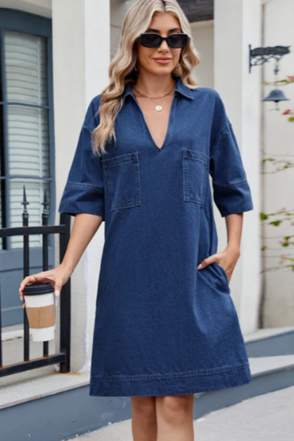 Dark Blue Collared V-Neck Denim Patch Pocket Half Sleeve Shift Mini Dress 2