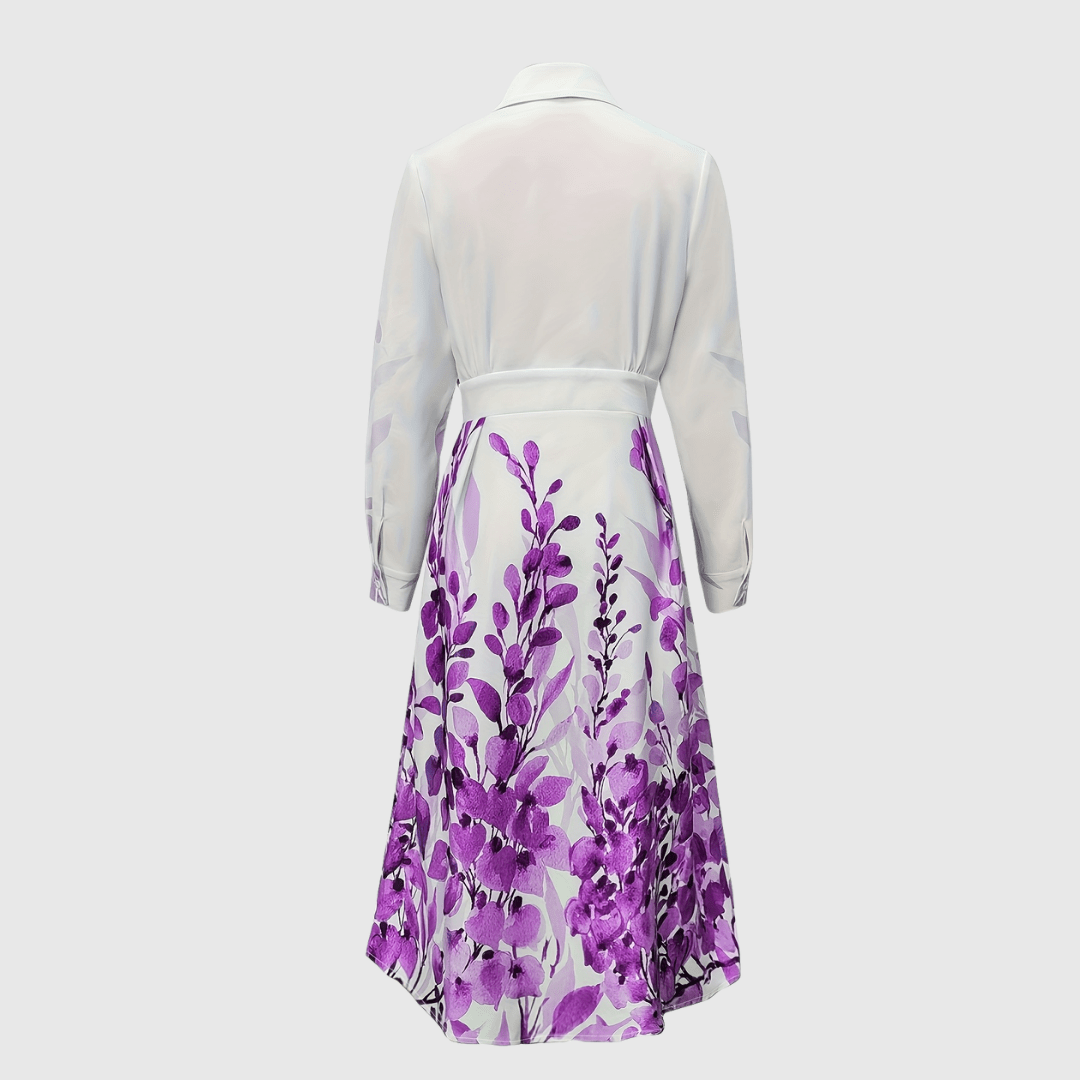 Collared Floral Border Print Long Sleeve Pocket Shirt Maxi Dress 8