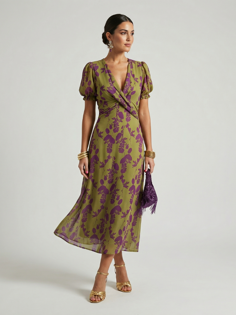Floral Surplice V-Neck Floral Puff Sleeve Wrap A-Line Midi Dress