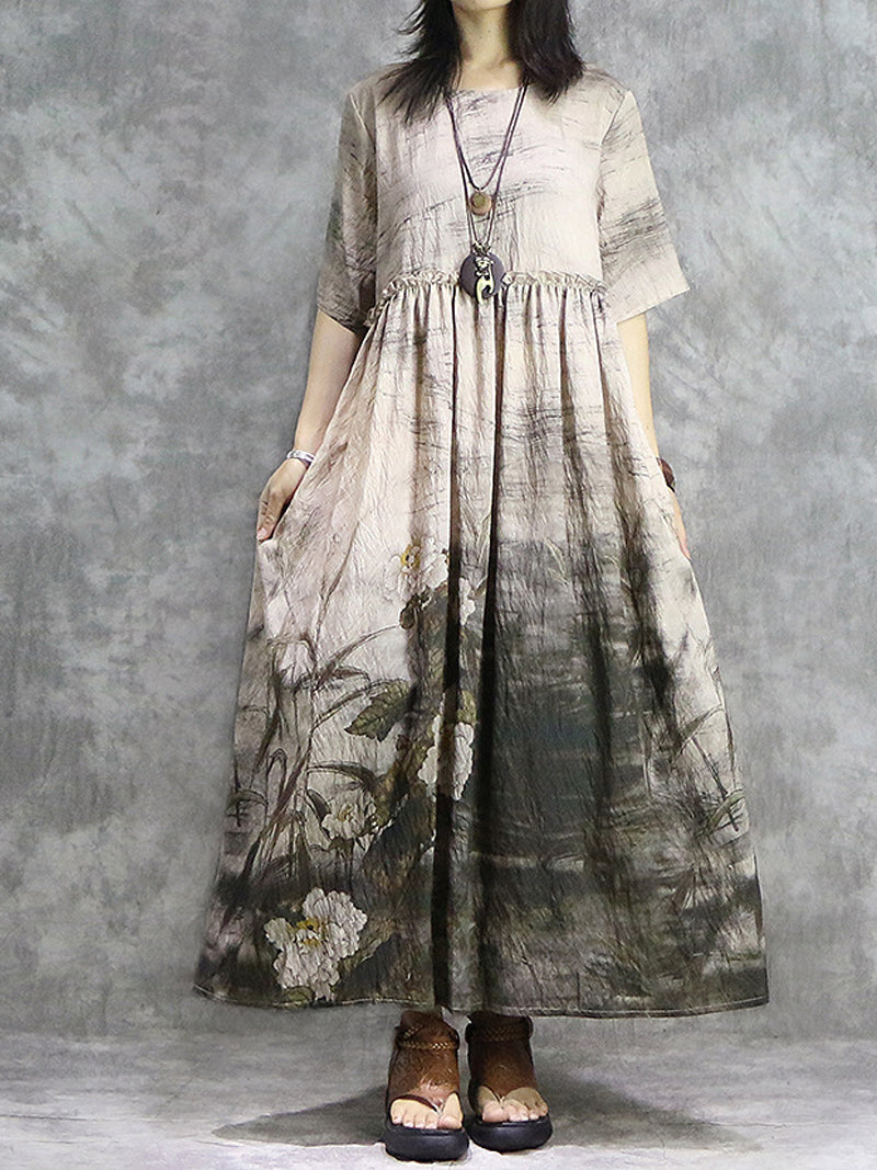 Light Coffee Round Neck Ink Floral Short Sleeve Empire Waist Maxi Dress