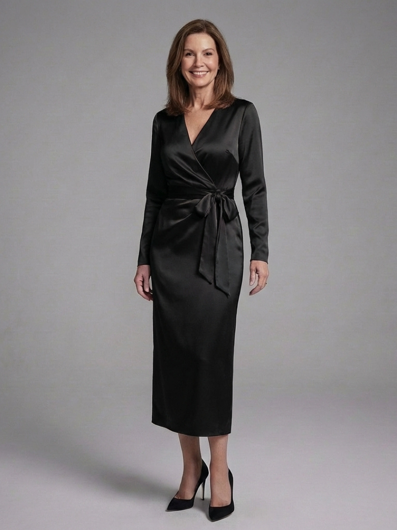 V-Neck Satin Long Sleeve Tie Waist Wrap Midi Dress