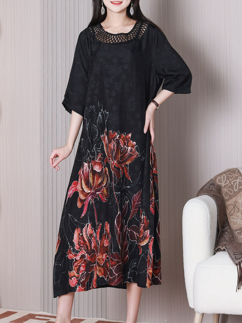 Cutout Round Neck Half Sleeve Floral Print Loose Midi Dress
