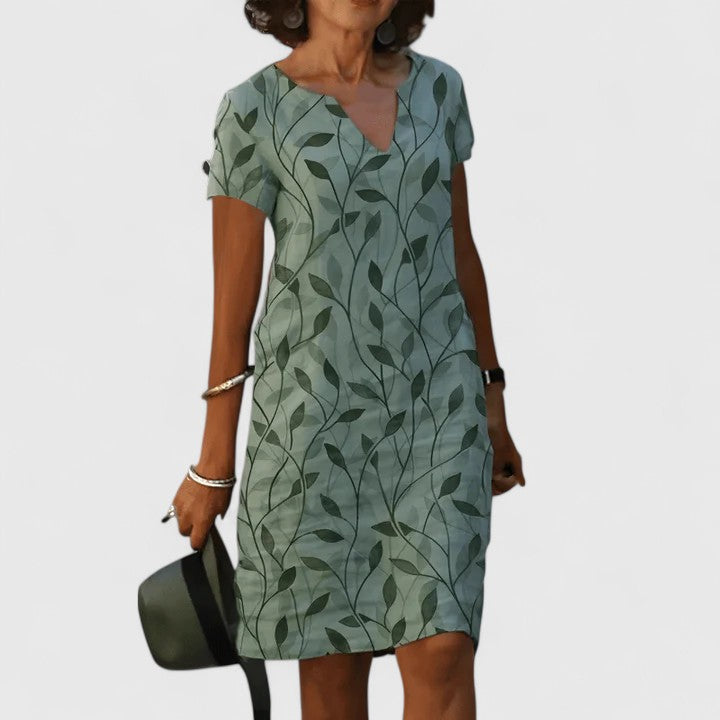 Notched Neck Leaf Print Short Sleeve Shift Midi Dress