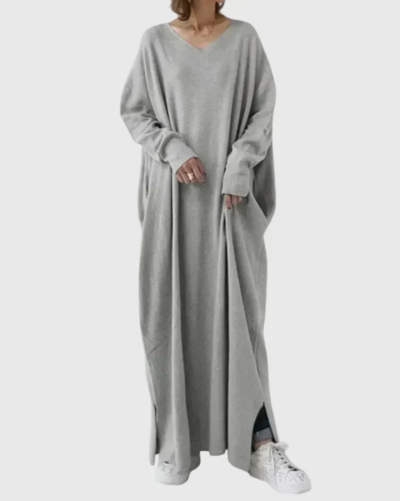 V-Neck Long Sleeve Batwing Loose Knit Side Slit Maxi Dress