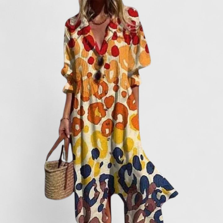 Collared Button Front Leaf Print Long Sleeve Flowy Maxi Shirt Dress 4
