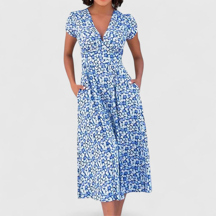 V-Neck Cap Sleeve Ditsy Floral Wrap A-Line Midi Dress