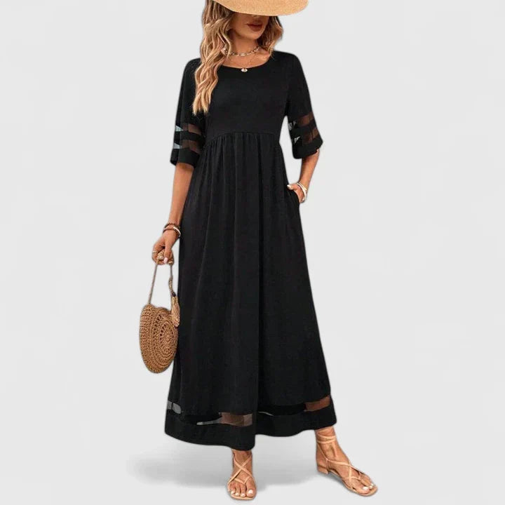 Round Neck Mesh Stripe Sleeve Empire Waist A-Line Maxi Dress
