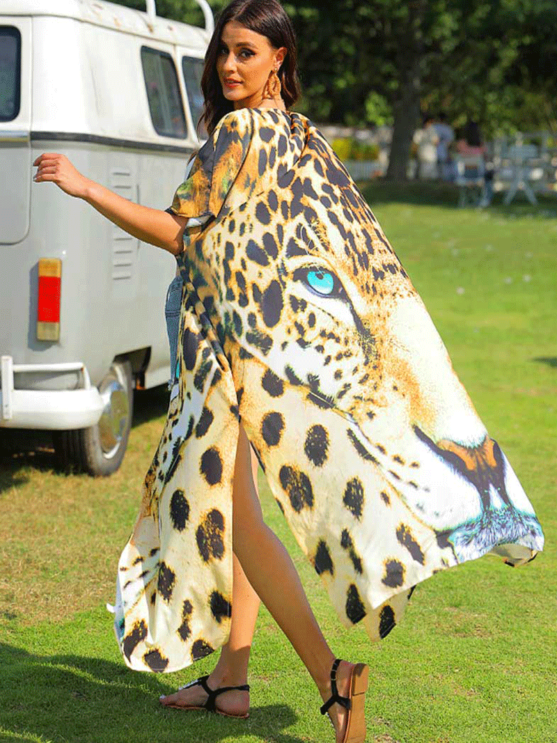 Yellow Leopard Leopard Print Open Front Long Length Duster Kimono