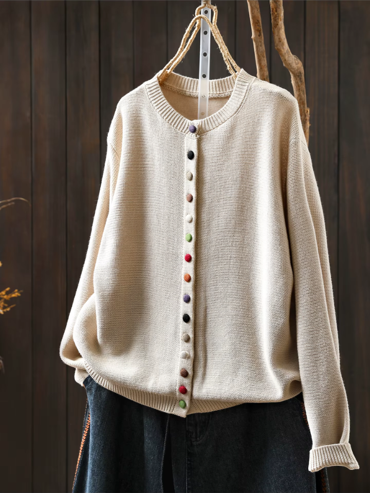 Knit Round Neck Multicolor Button Long Sleeve Cardigan 2