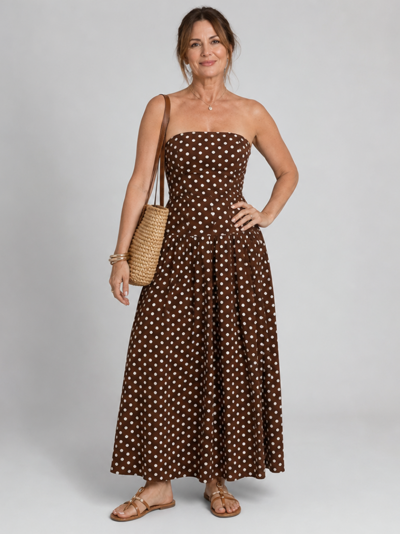 Brown Strapless Polka Dot Fitted Bodice Flared A-Line Maxi Dress