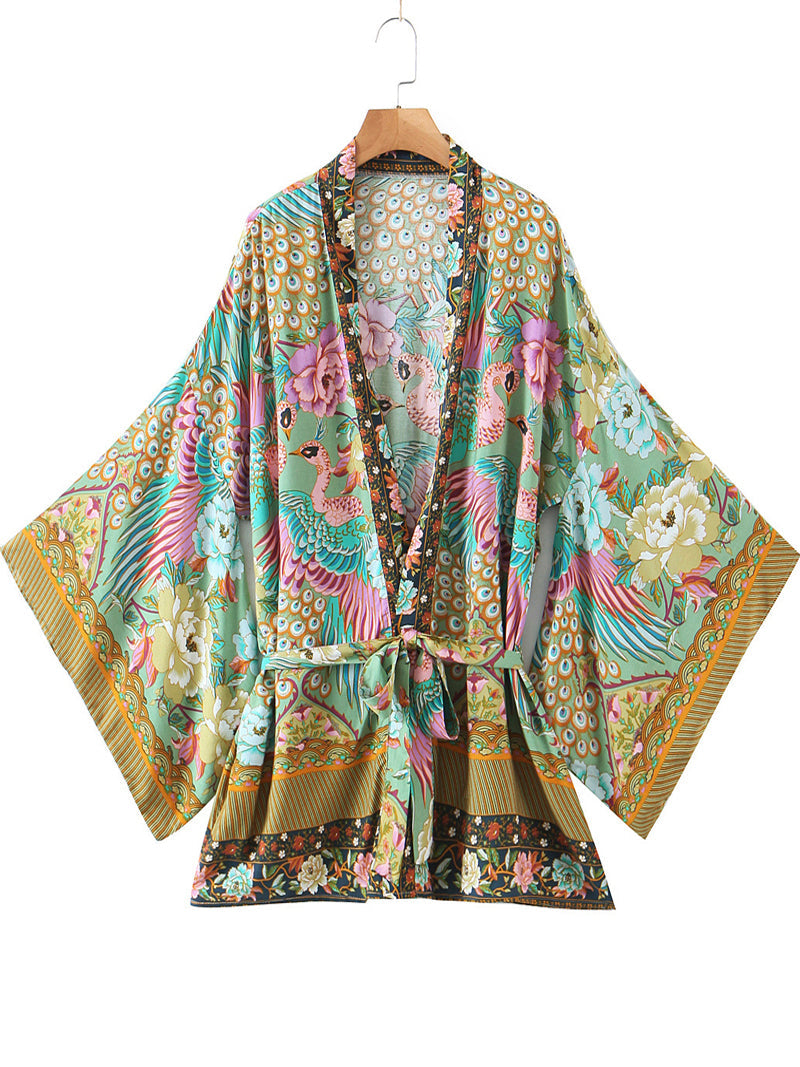 Green Peacock Floral Print Wide Sleeve Belted Short Kimono