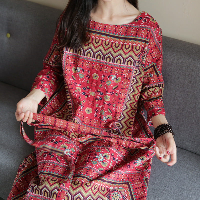 Red Round Neck Ethnic Print Tie Waist Loose Kaftan Maxi Dress