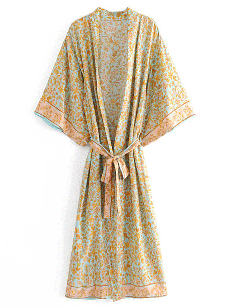 Beige Ditsy Floral Print Border Trim Tie Waist Long Kimono