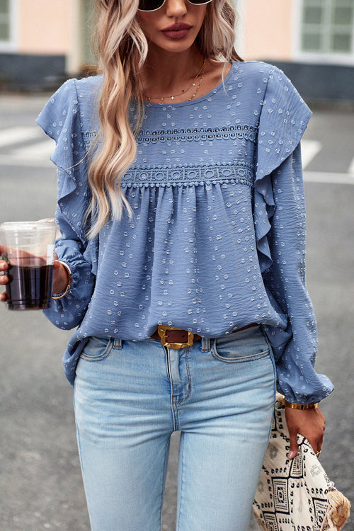 Miss You So Swiss Dot Lace Ruffled Long Sleeve Top - 5 Colors