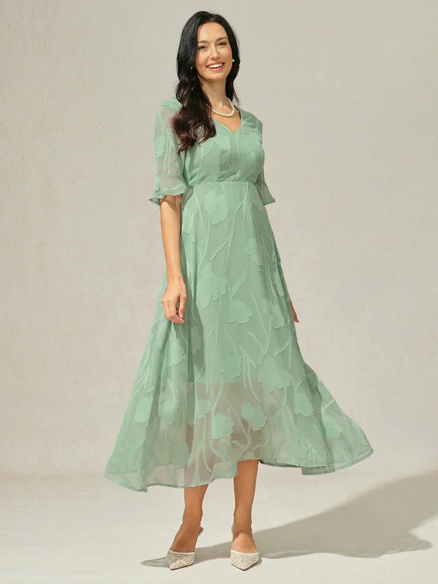 V-Neck Flutter Sleeve Floral Burnout Sheer A-Line Maxi Dress
