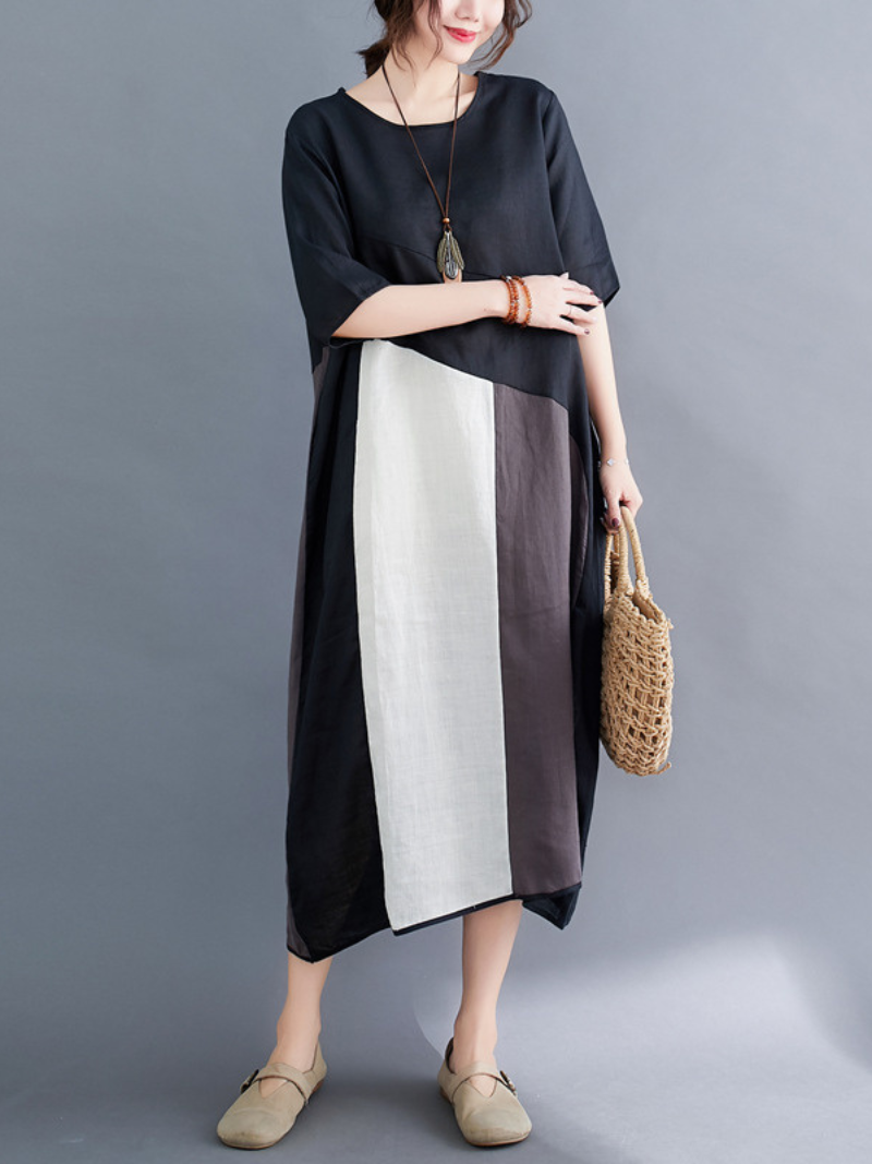 Round Neck Half Sleeve Colorblock Panel Loose Midi Dress