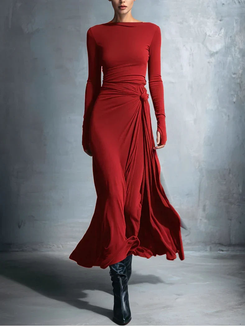 Boat Neck Long Sleeve Side Knot Ruched Draped Bodycon Maxi Dress