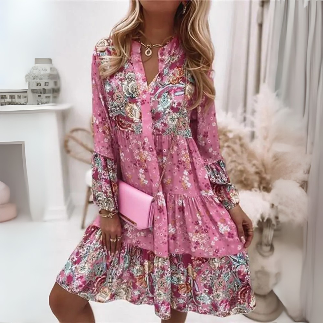 V-Neck Floral Boho Long Sleeve Tiered Ruffle Mini Dress