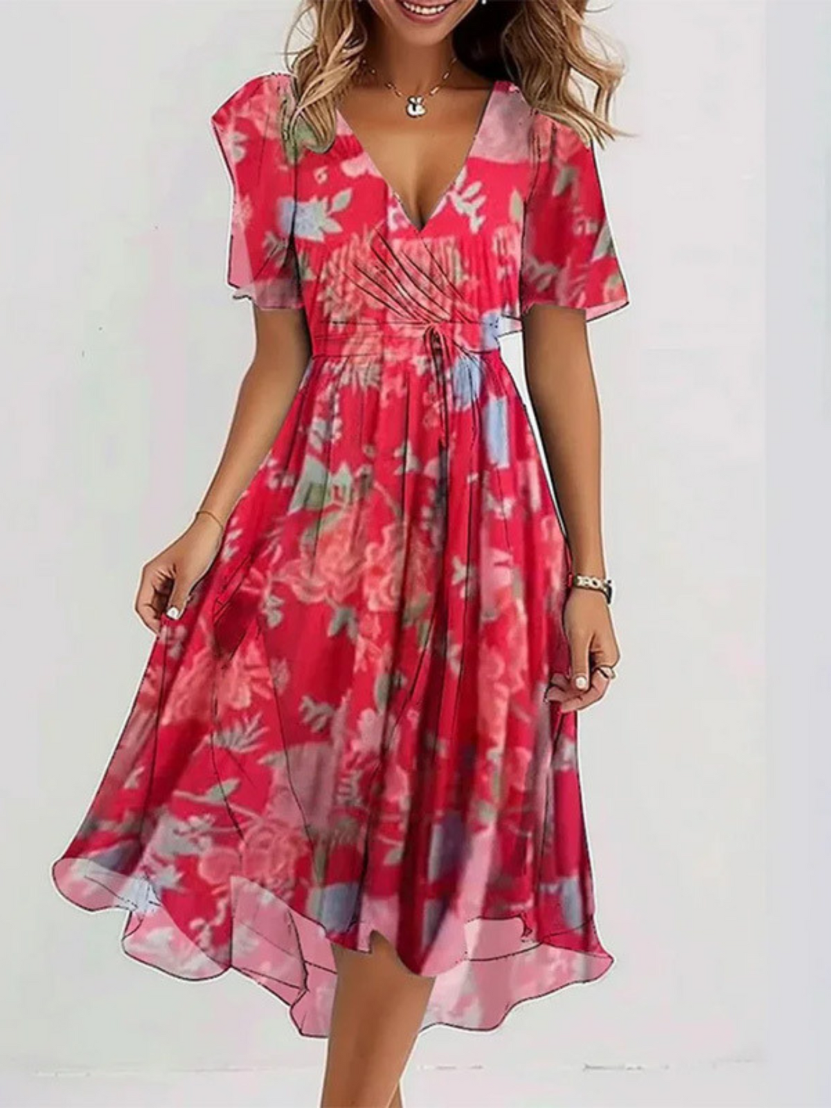 Surplice V-Neck Short Sleeve Floral Chiffon Wrap Midi Dress